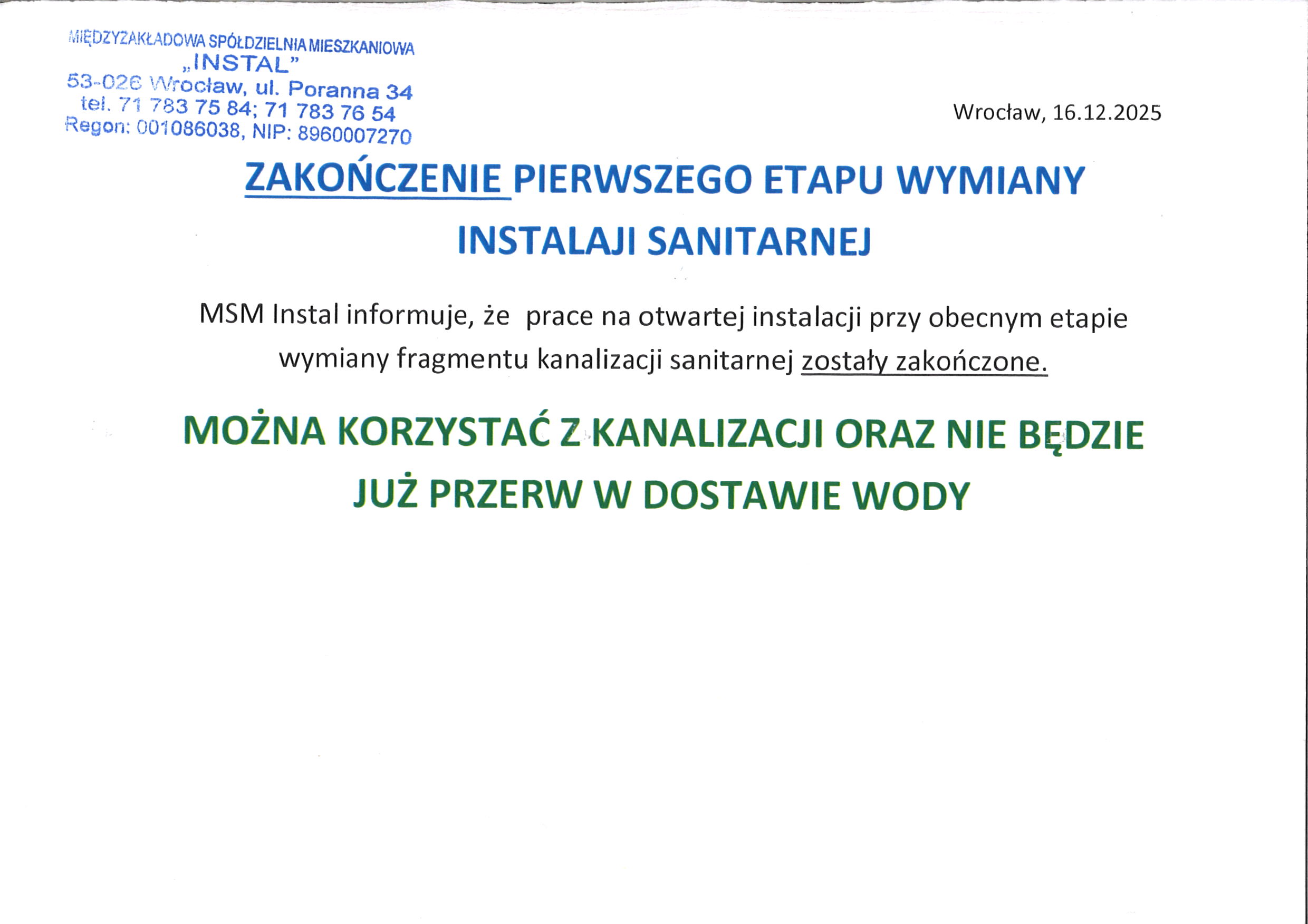 16 12 2025r zakończenie pierwszego etapu wymiany instalacji sanitarnej Wietrzna 30