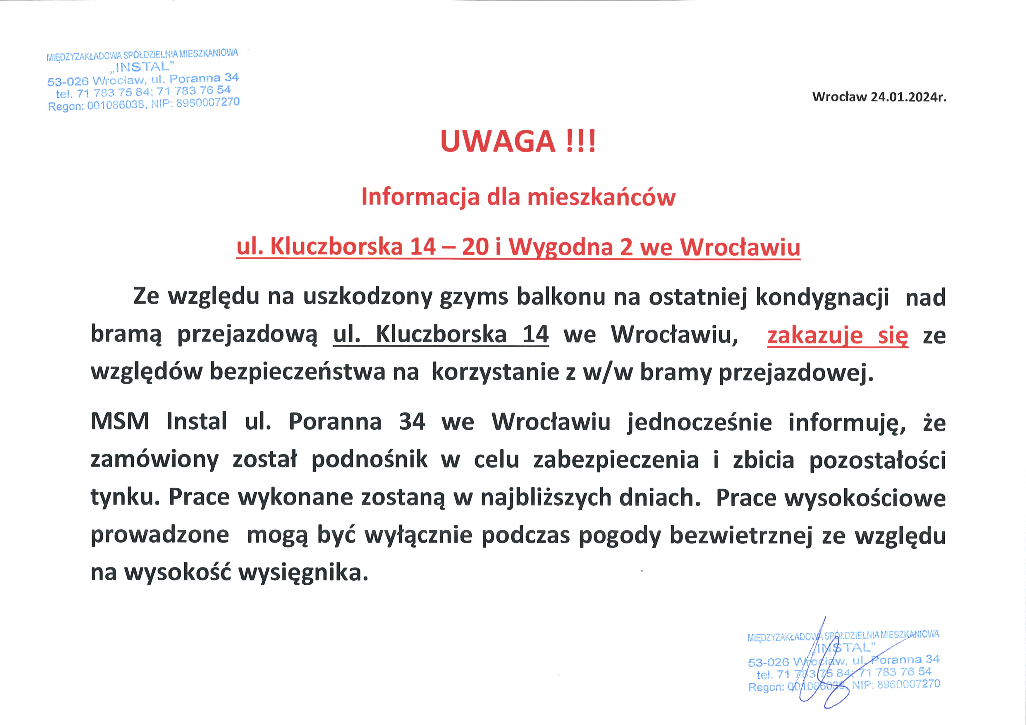 INFORMACJA OSIEDLE KLUCZBORSKA WYGODNA