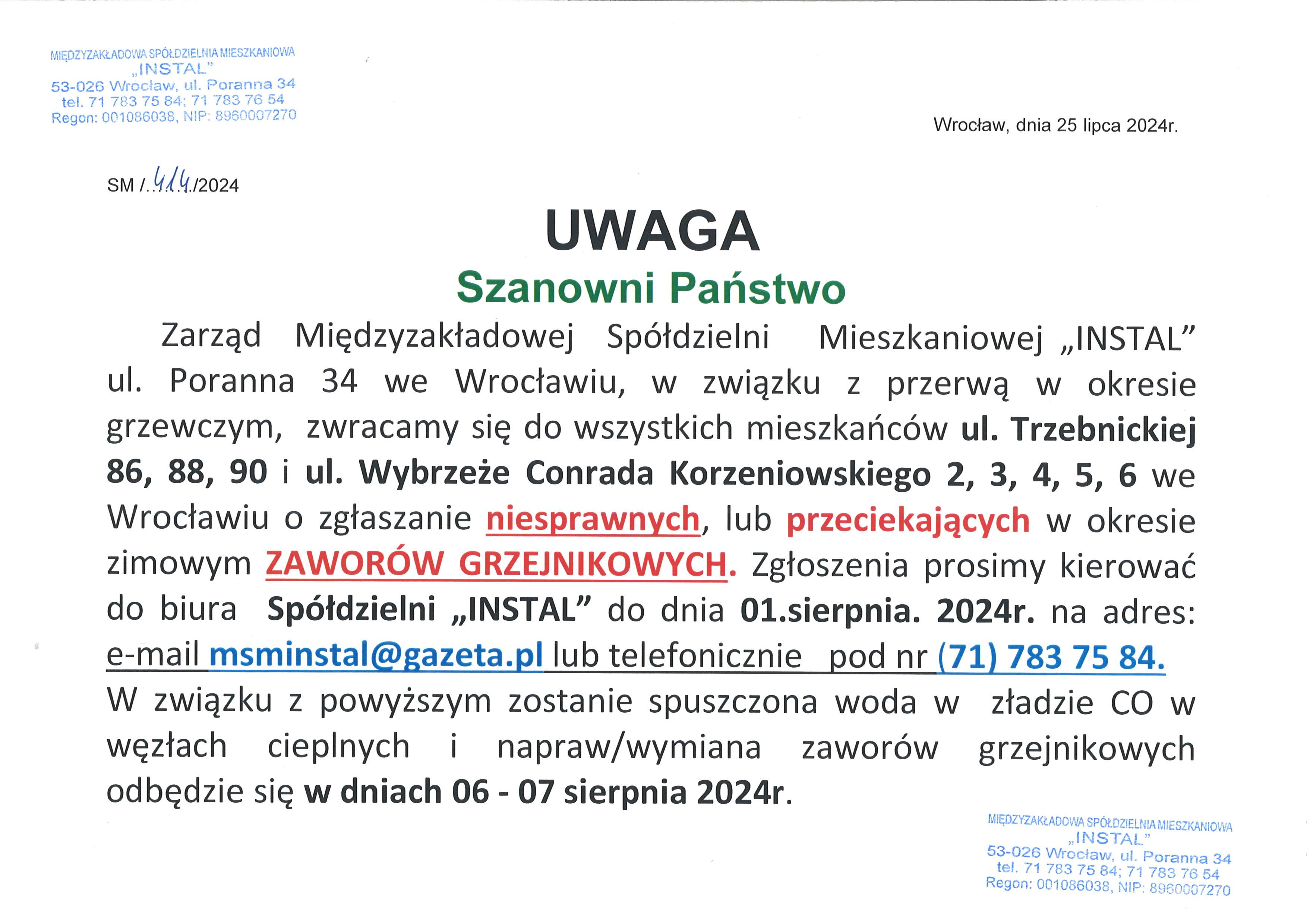 Informacja Trzebnicka Conrada 26 07 2024 2