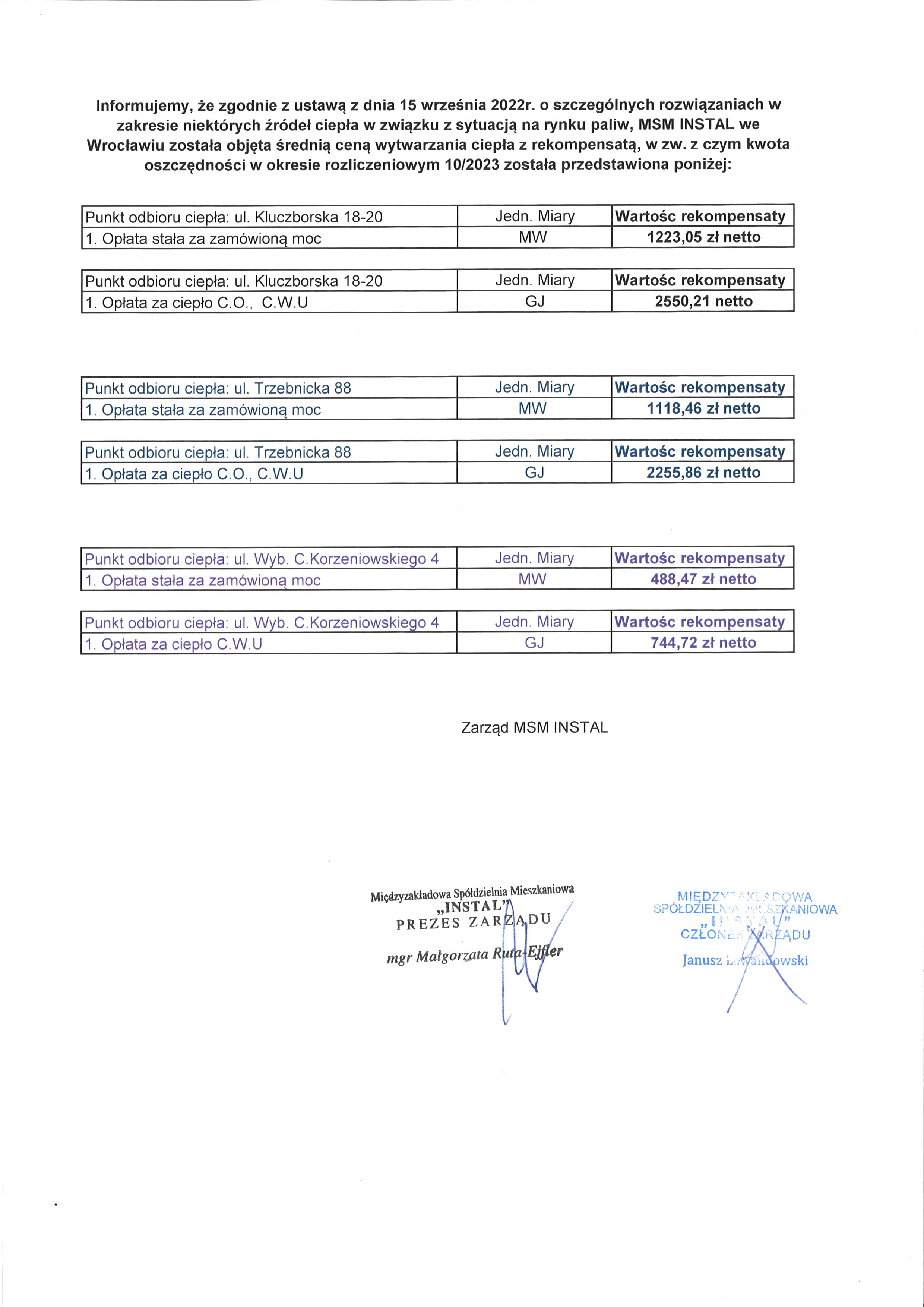 Informacja o rekompensacie za 10 2023