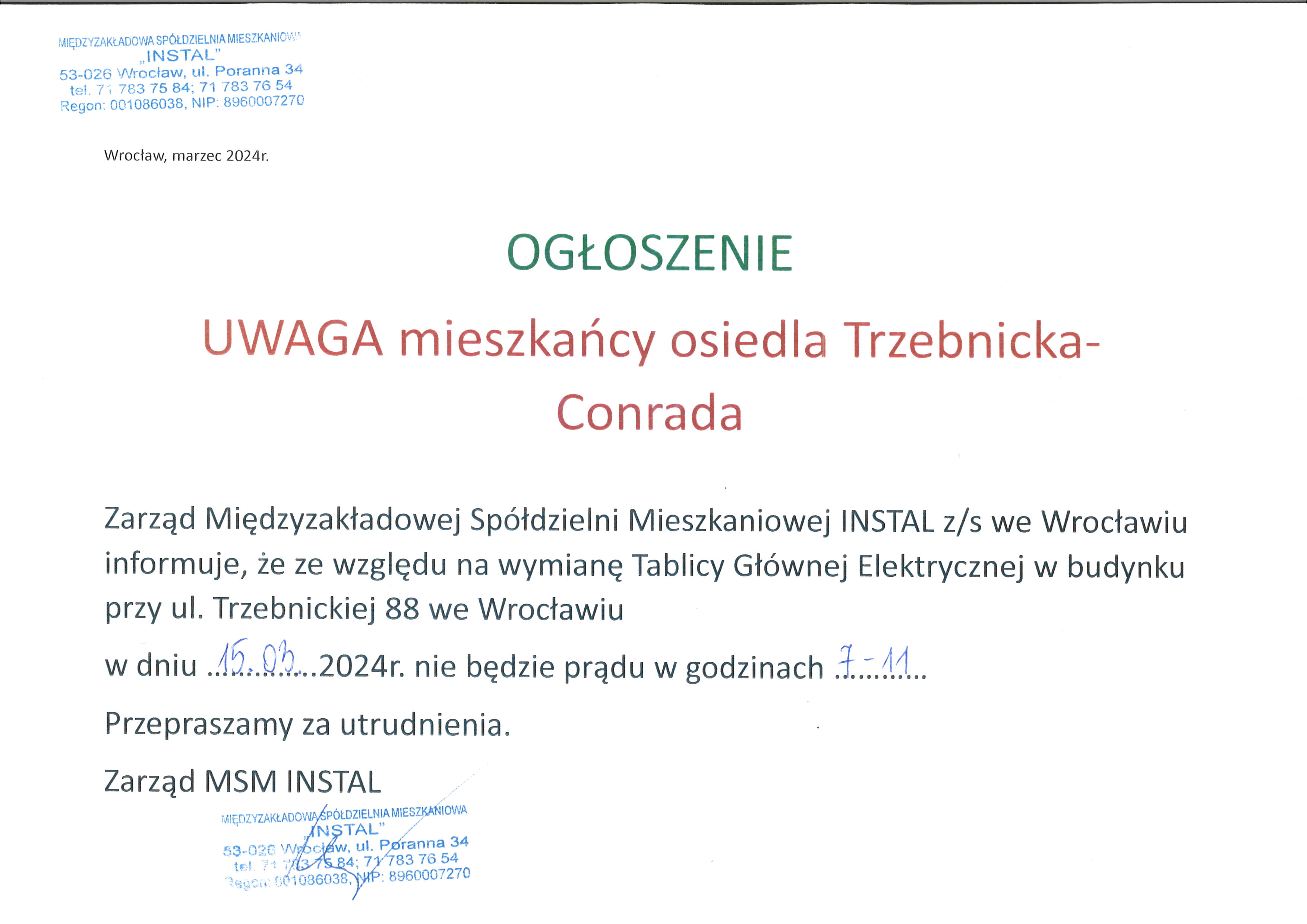 Ogłoszenie mieszkańcy osiedlaTrzebnicka Conrada 