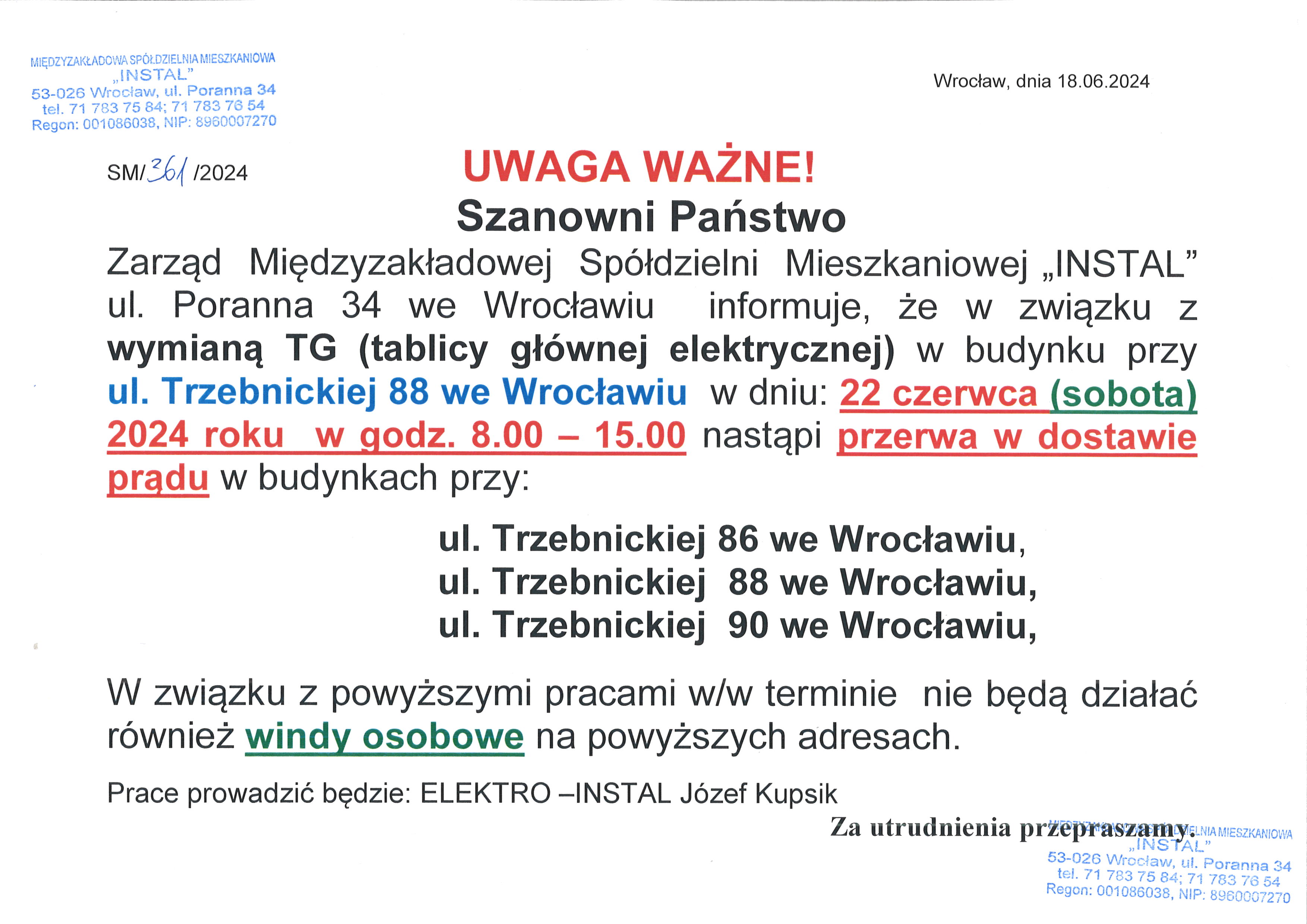 Ogłoszenie Wymiana TG osiedle Trzebnicka