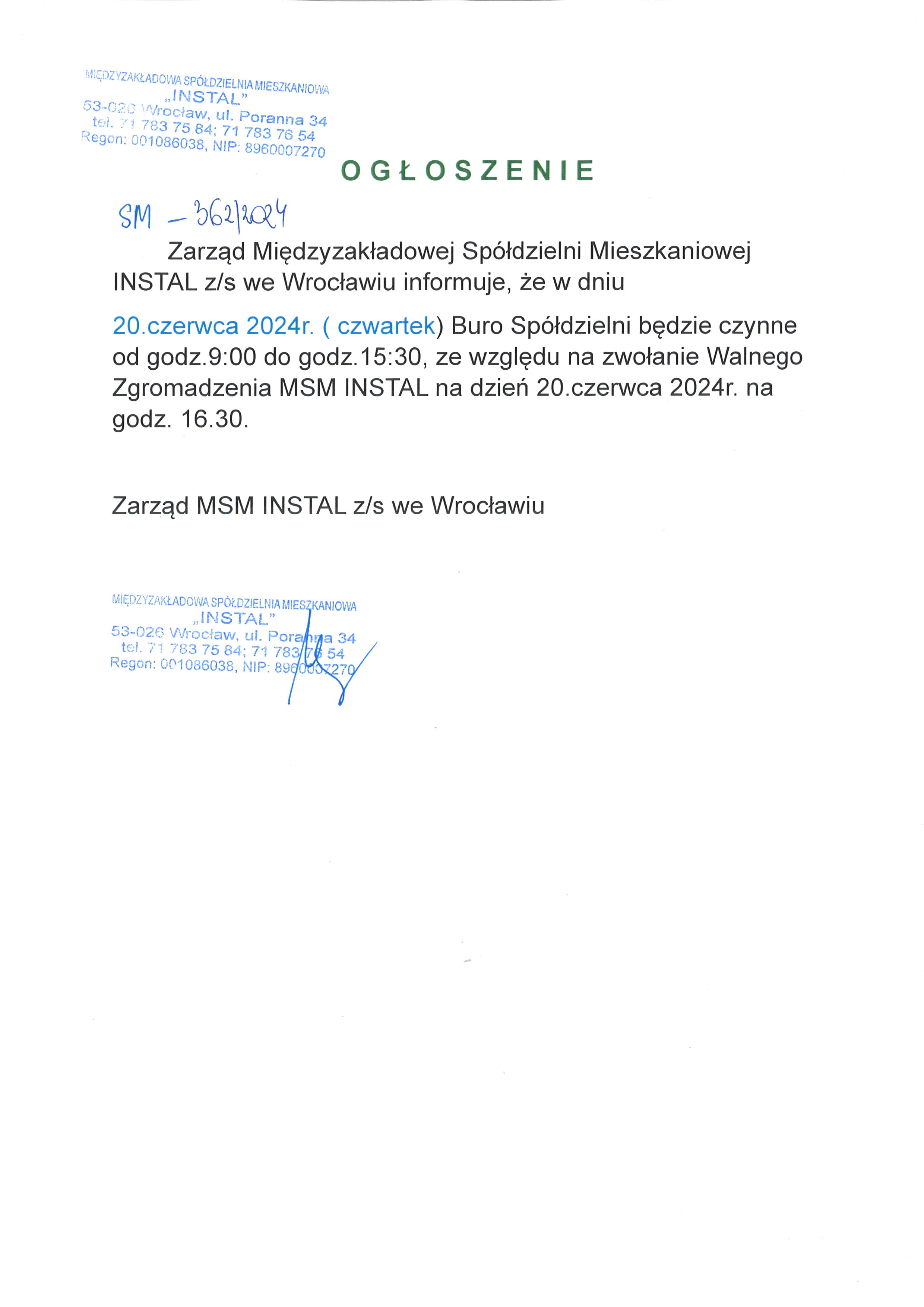 Ogłoszenie godziny otwarcia Biura Spółdzielni 