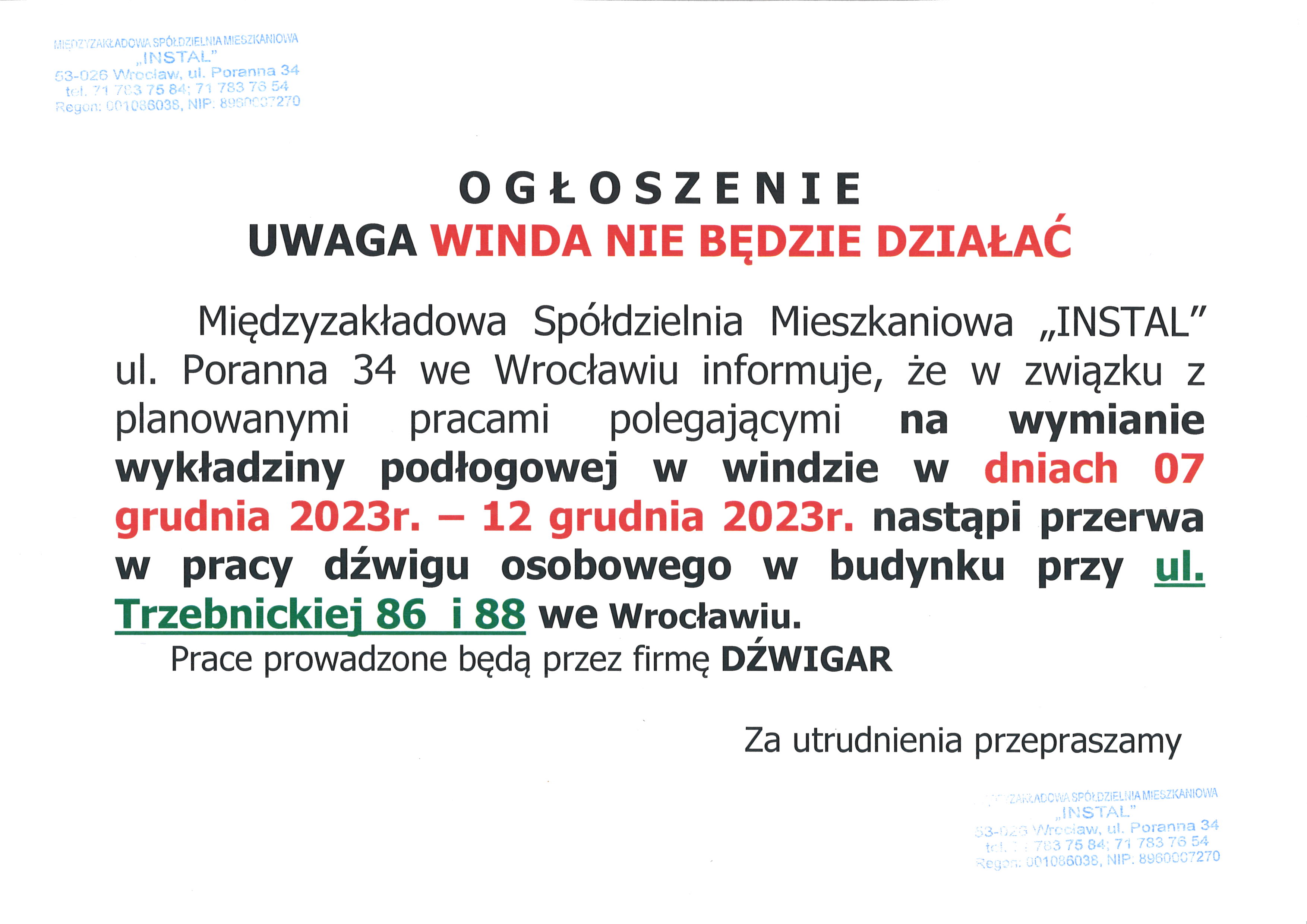 Ogłoszenie windy Trzebnicka 86 88