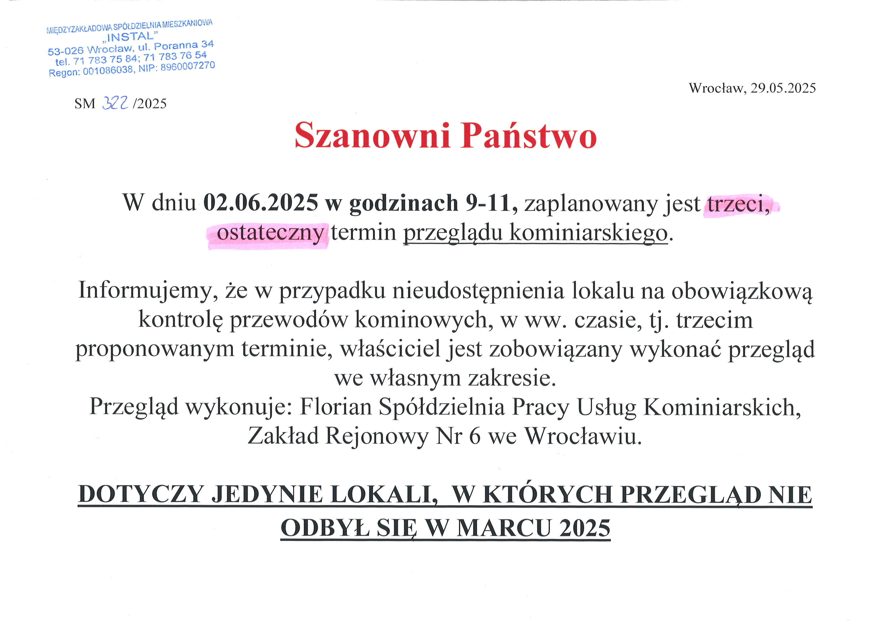 Przegląd Kominiarski os. Skarbowców