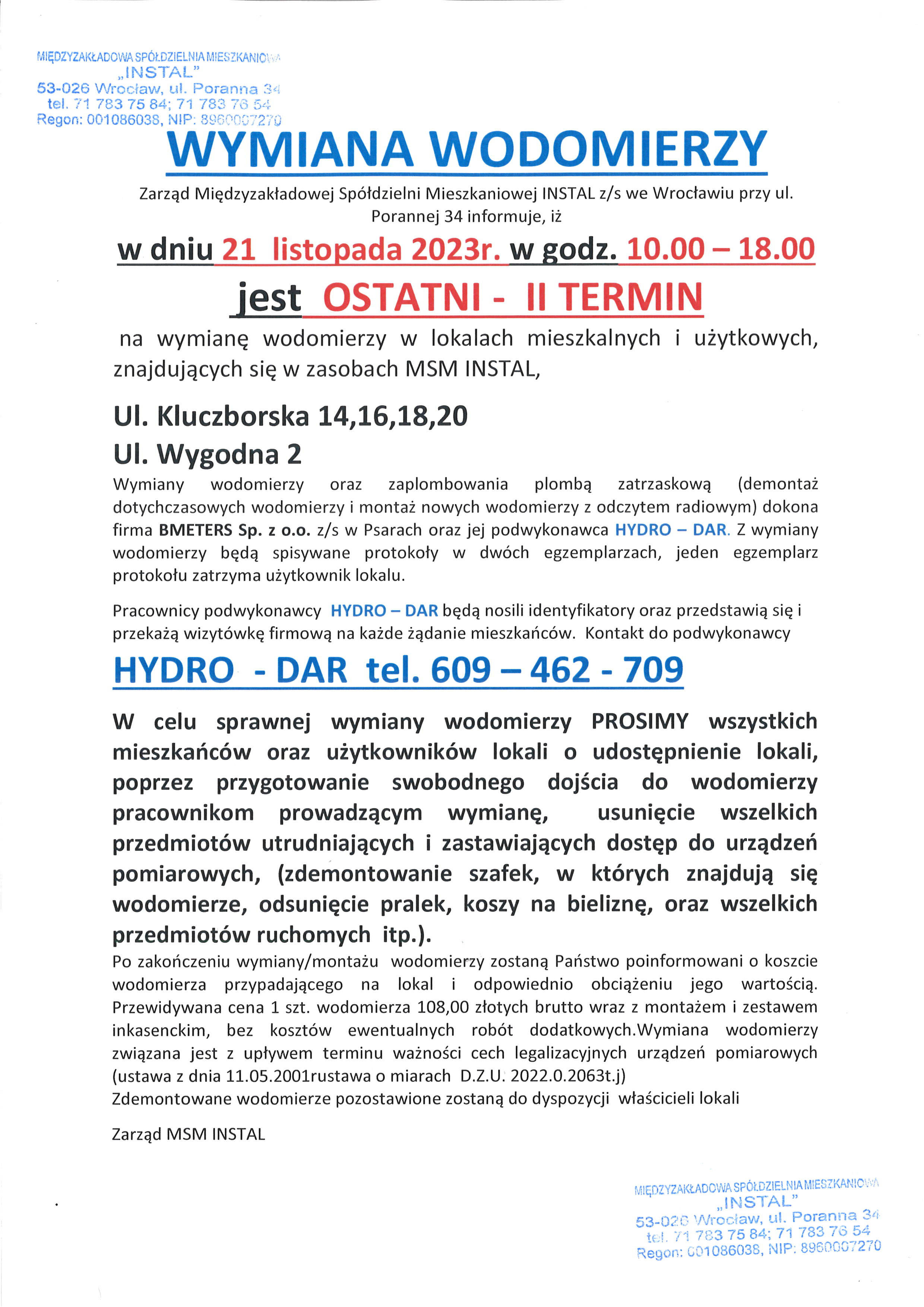 Wymiana wodomierzy Kluczborska Wygodna II termin