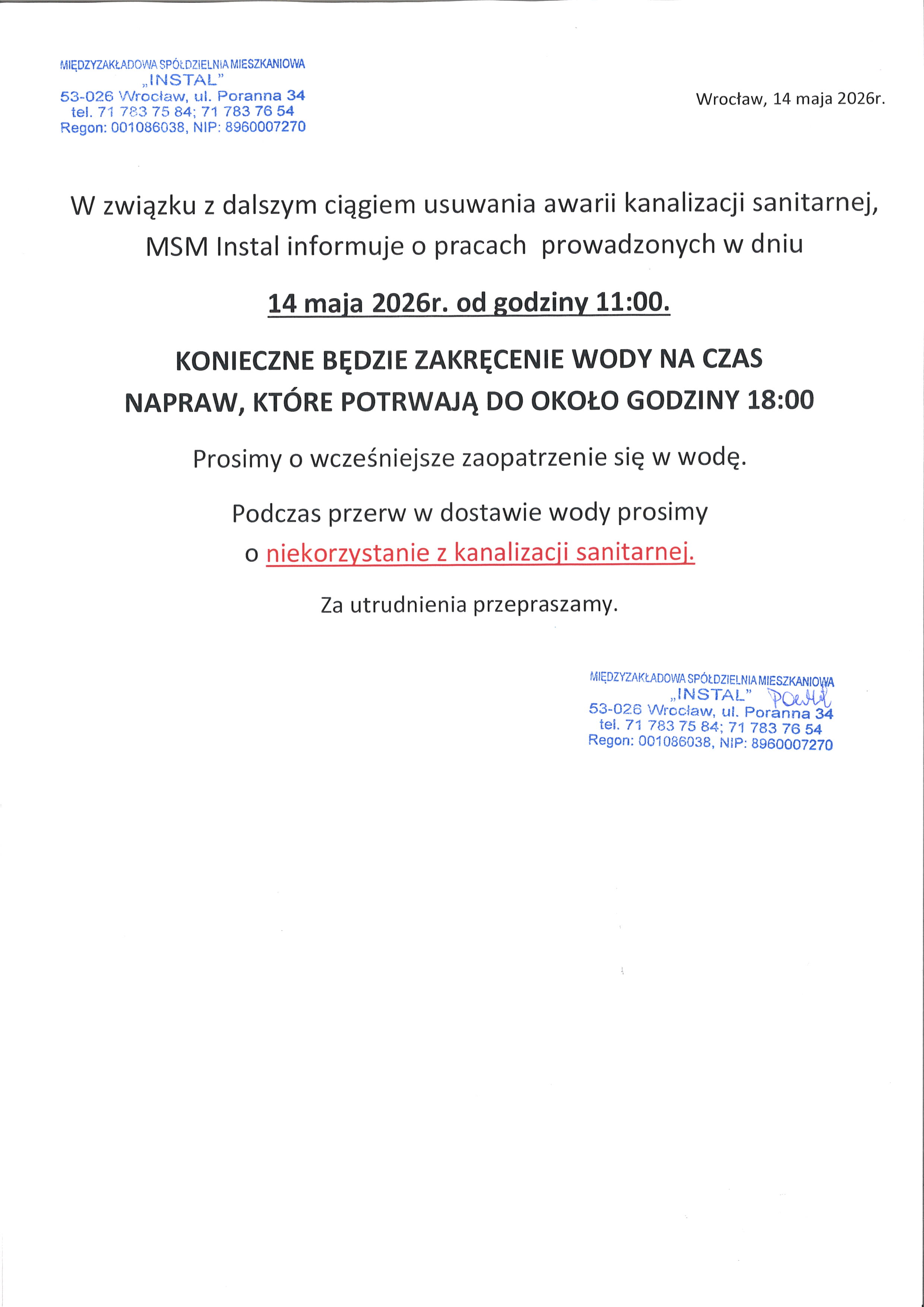 awaria kanalizacji sanitarnej 14 05 2026