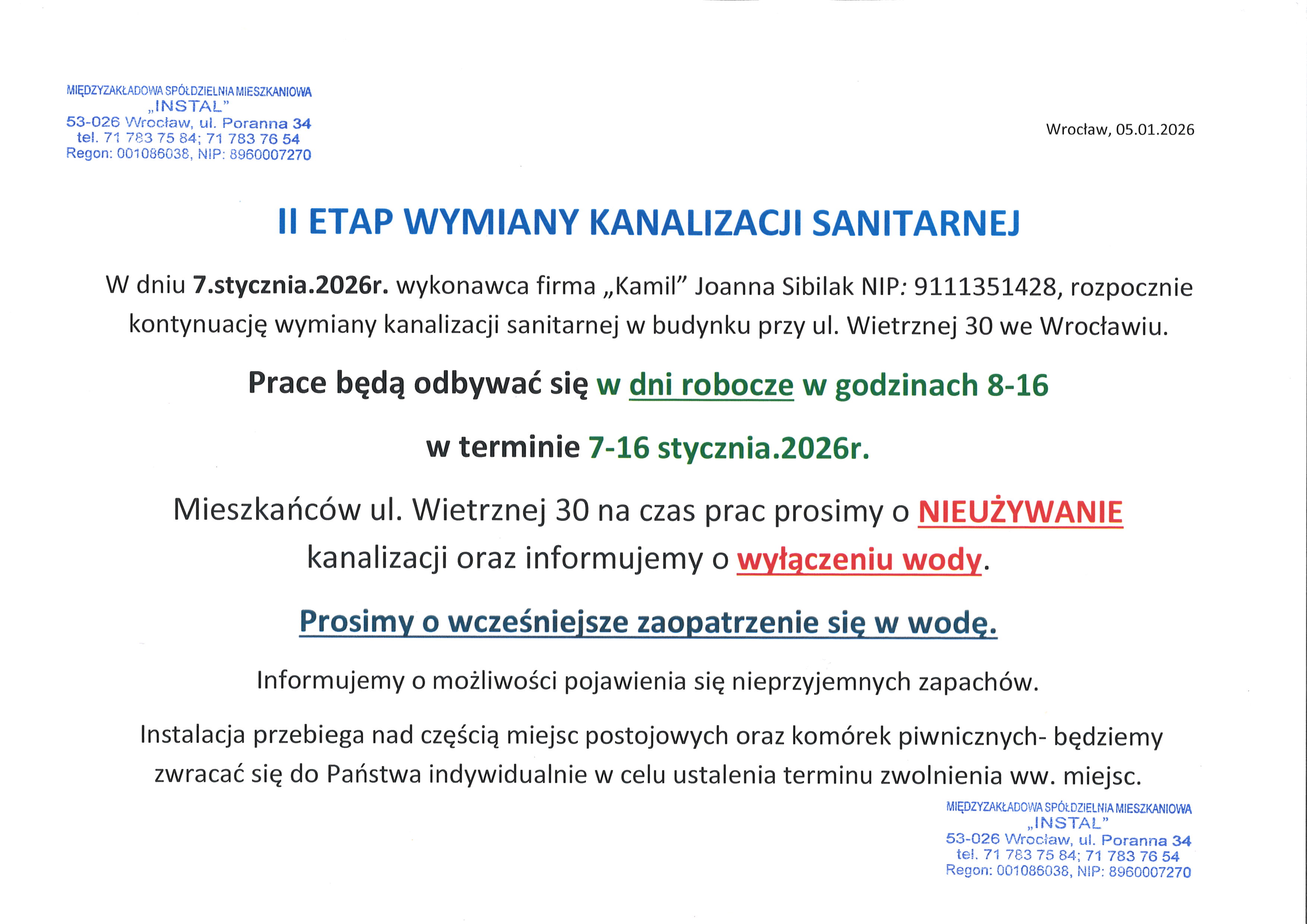 drugi etap wymiany instalacji sanitarnej Wietrzna 30