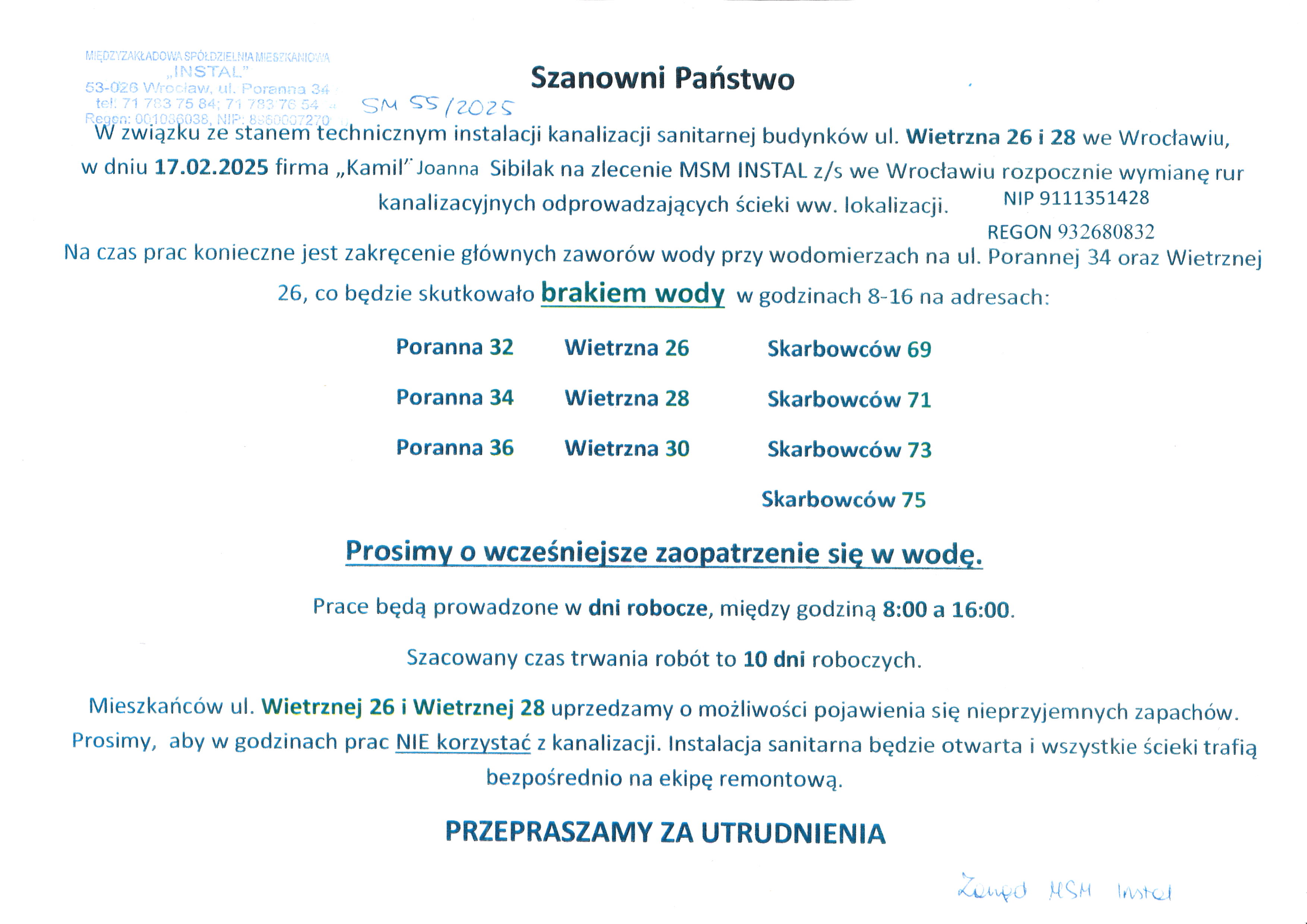 ogłoszenie remont kanalizacji