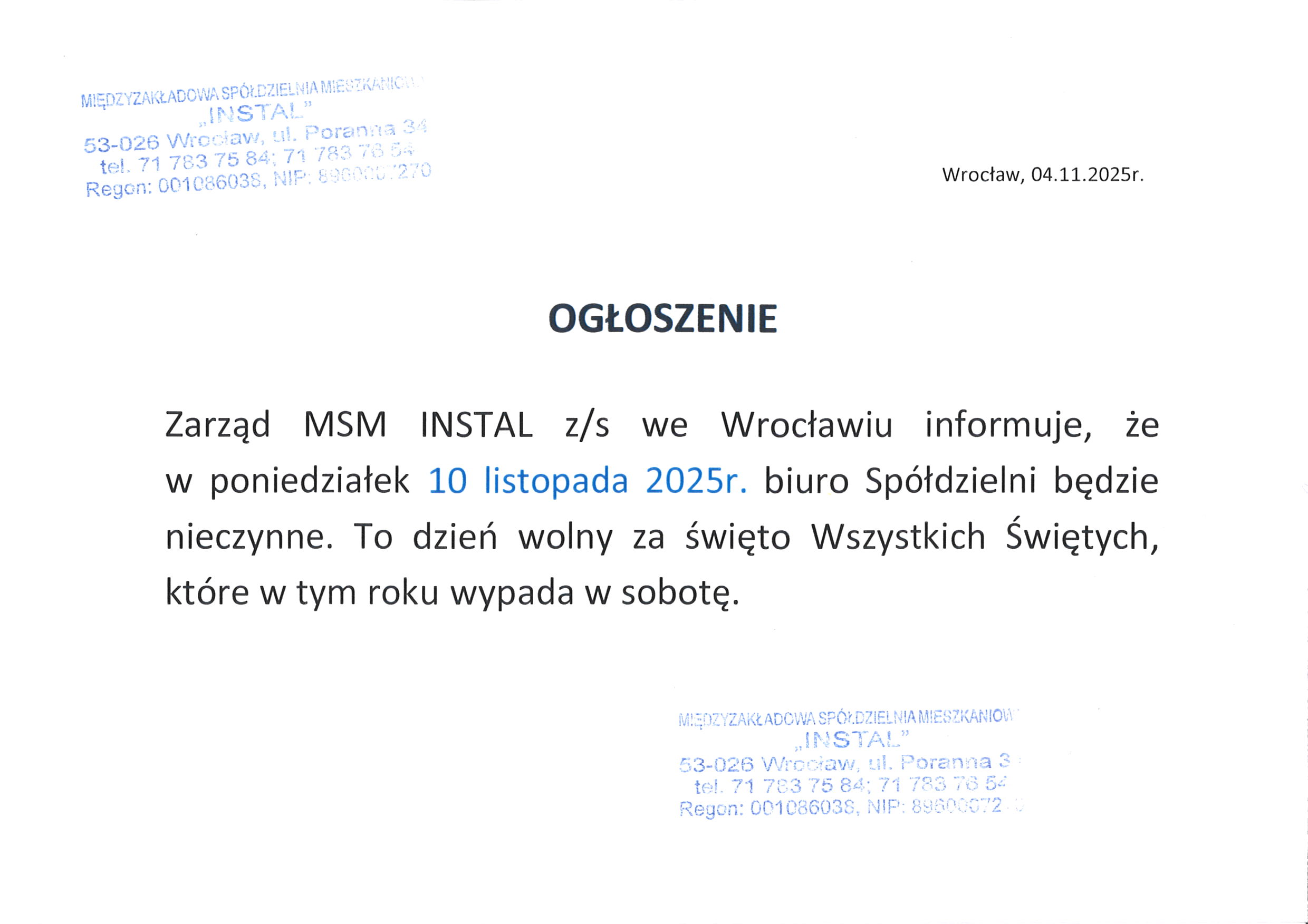 ogłoszenie biuro Spółdzielni