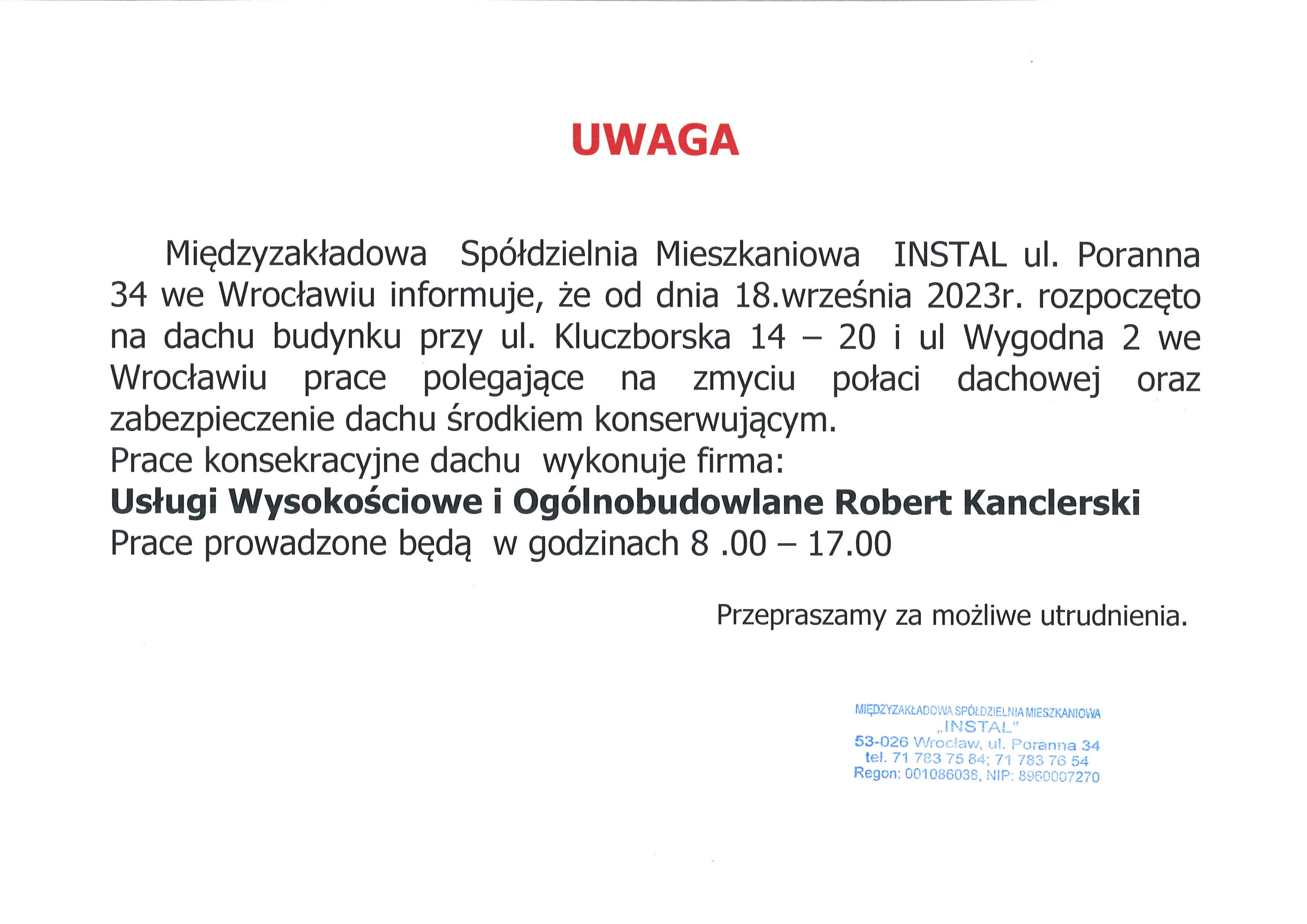 prace konserwacyjne dachu Kluczborska Wygodna