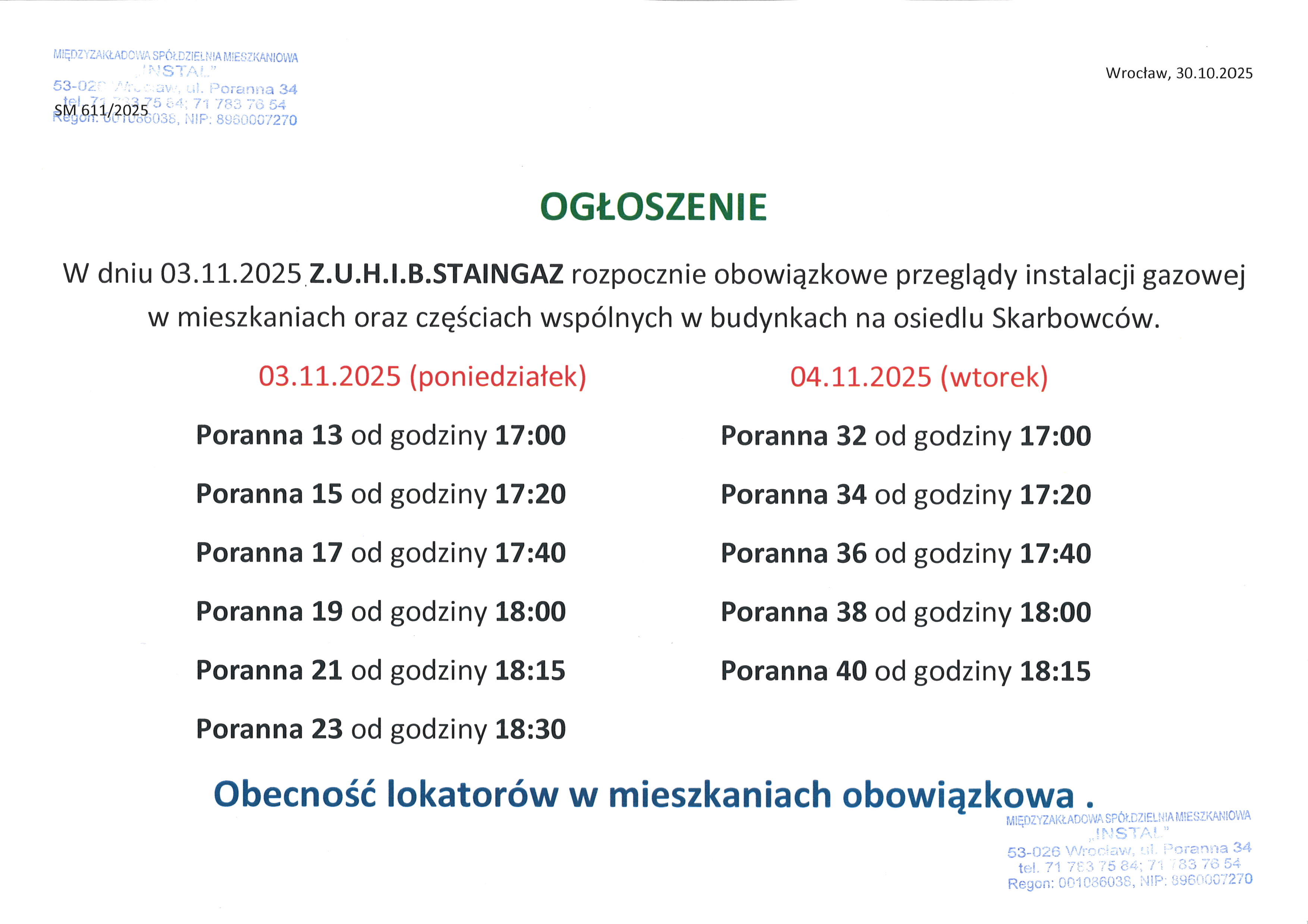 przeglądy gazowe Skarbowców 03 04.11.2025