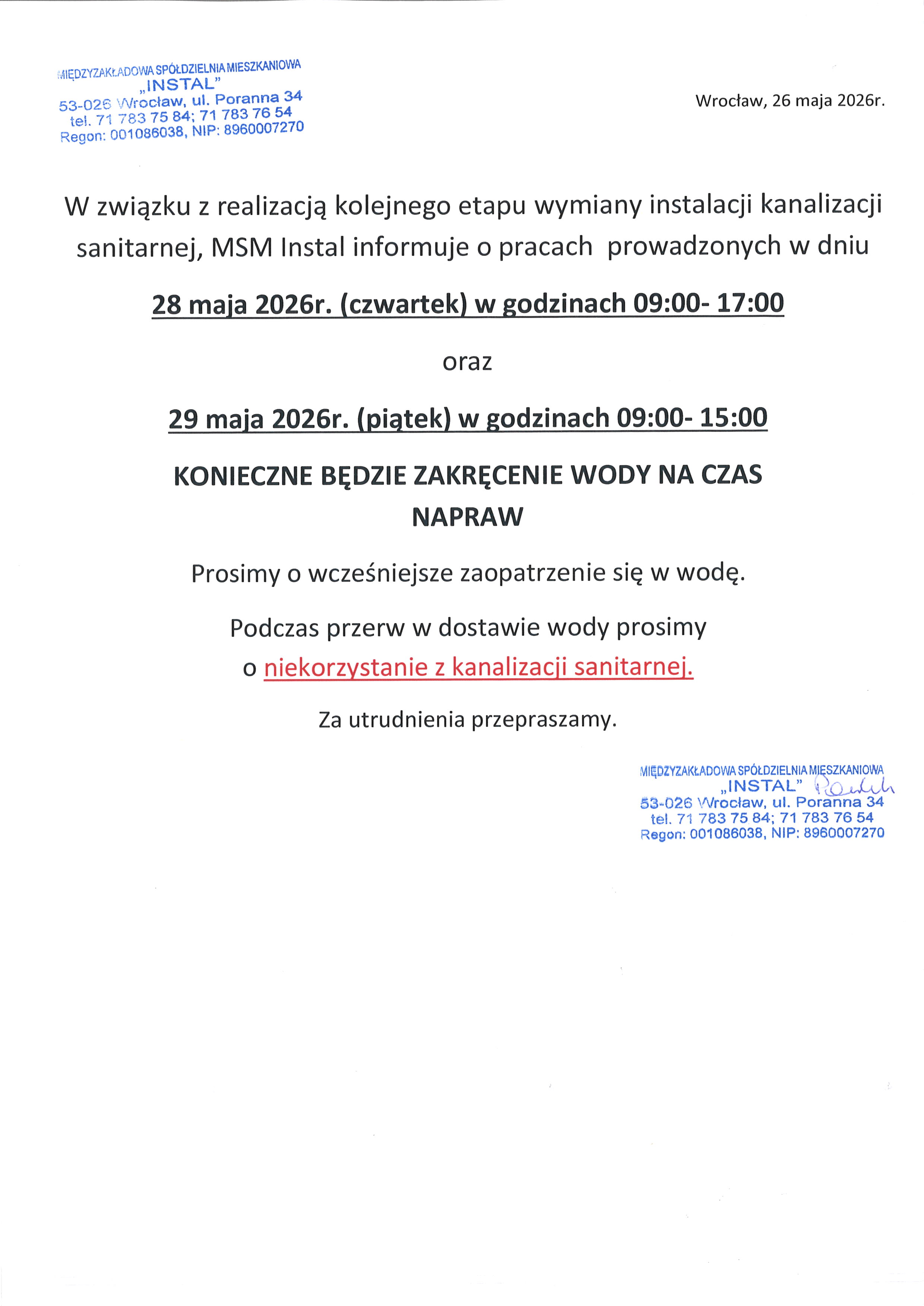 remont kanalizacji 26 05 2026